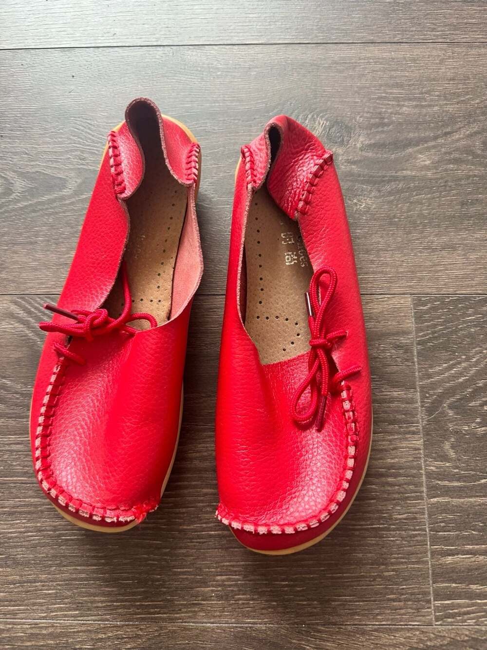 Womens Red Leather Soft Flat Moccasin Driving Shoes Size 38